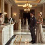 Casal em hotel de luxo com cachorro, simbolizando o turismo pet friendly premium