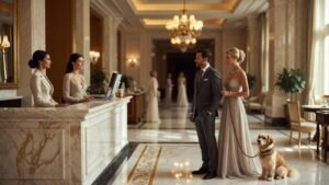 Casal em hotel de luxo com cachorro, simbolizando o turismo pet friendly premium