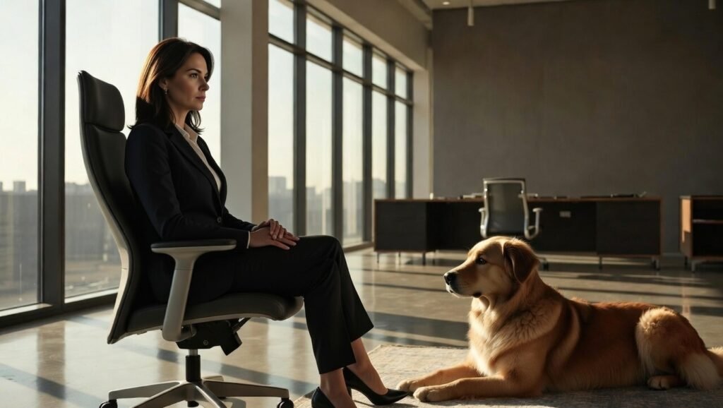 Mulher profissional em escritório moderno e iluminado, trabalhando em um laptop enquanto um Golden Retriever descansa tranquilamente ao lado de sua mesa. Ambiente corporativo limpo, organizado e com luz natural.