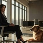 Mulher profissional em escritório moderno e iluminado, trabalhando em um laptop enquanto um Golden Retriever descansa tranquilamente ao lado de sua mesa. Ambiente corporativo limpo, organizado e com luz natural.